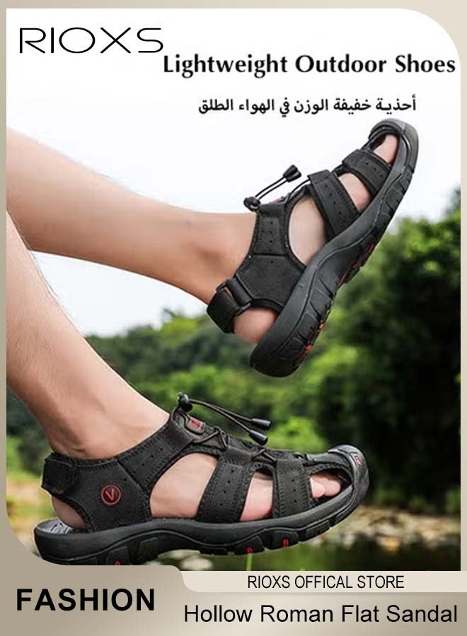 RIOXS Men's Hollow Roman Sandals, Round Closed Toe Flat Sandals, Leather Fisherman Sandals, Athletic Sport Casual Sandals for Men, Waterproof Summer Beach Water Sandals, Lightweight Walking Slids Sandals, Sandals for Trail Beach, Black Hiking Sandals - Image 5